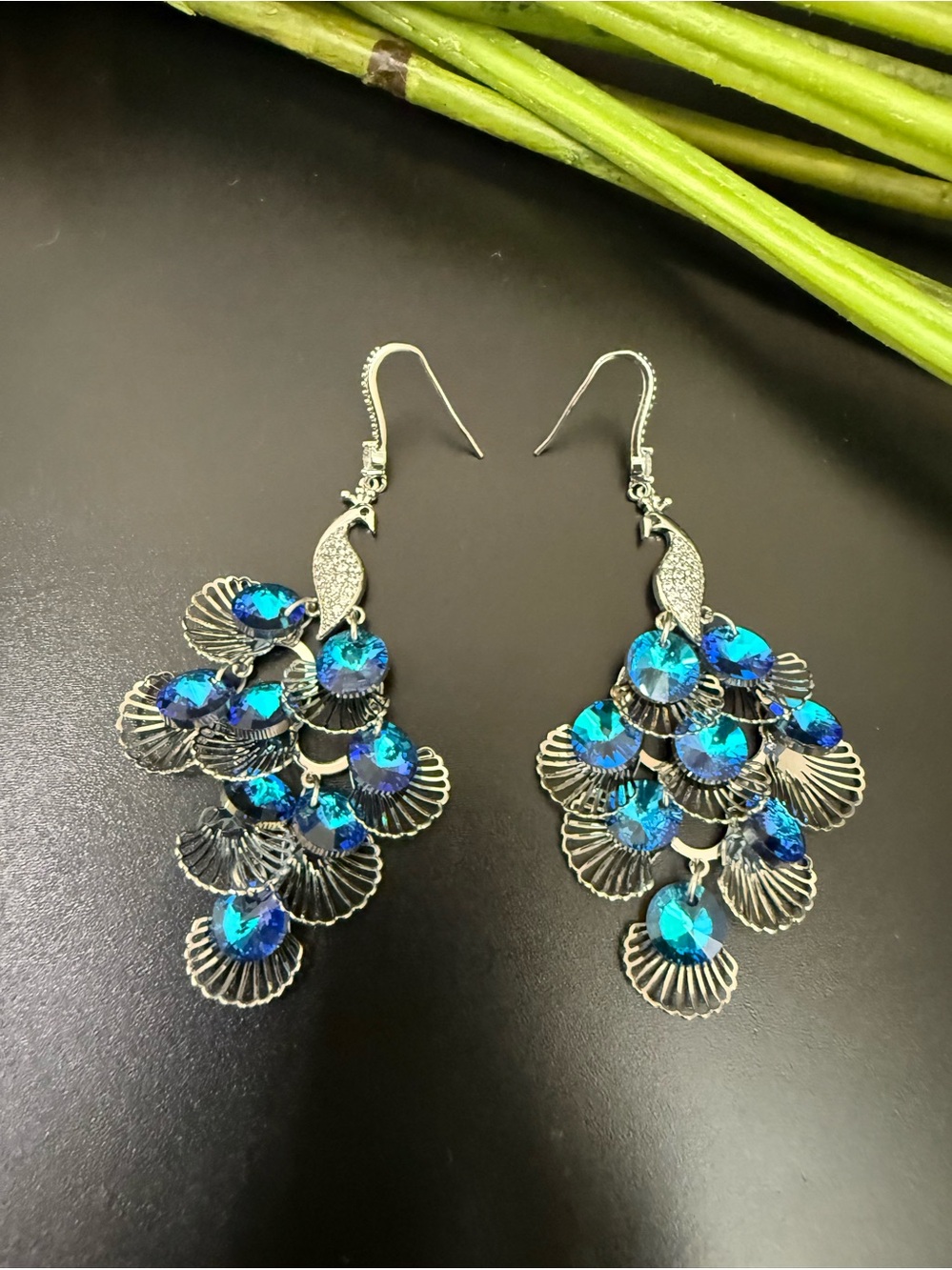 Eye Candy Silver-tone Blue Teal Crystals Cascading Feather Peacock Earrings
